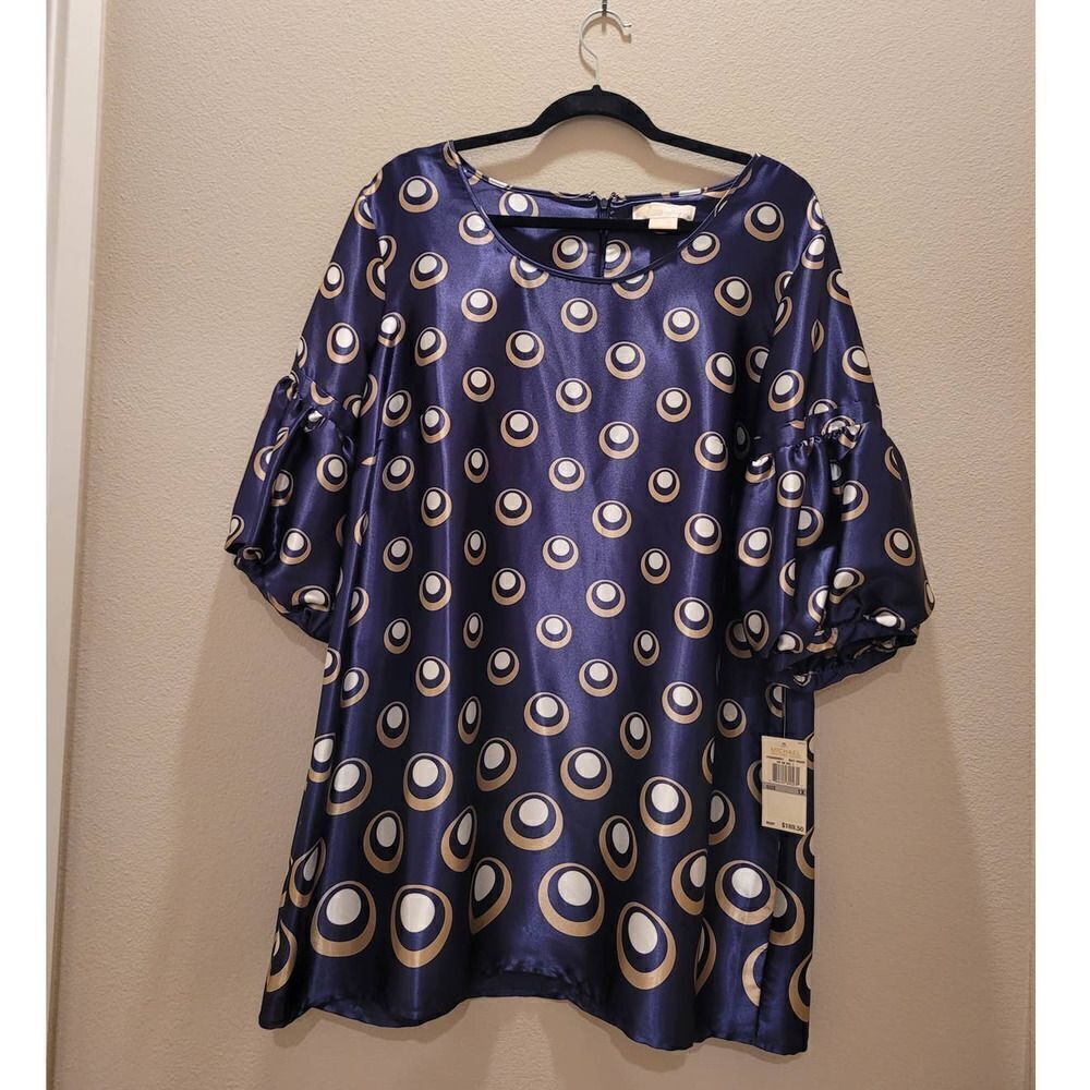 NWT Michael Kors Circle Blue Satin Puff Sleeve Shirt Dress Size 1X